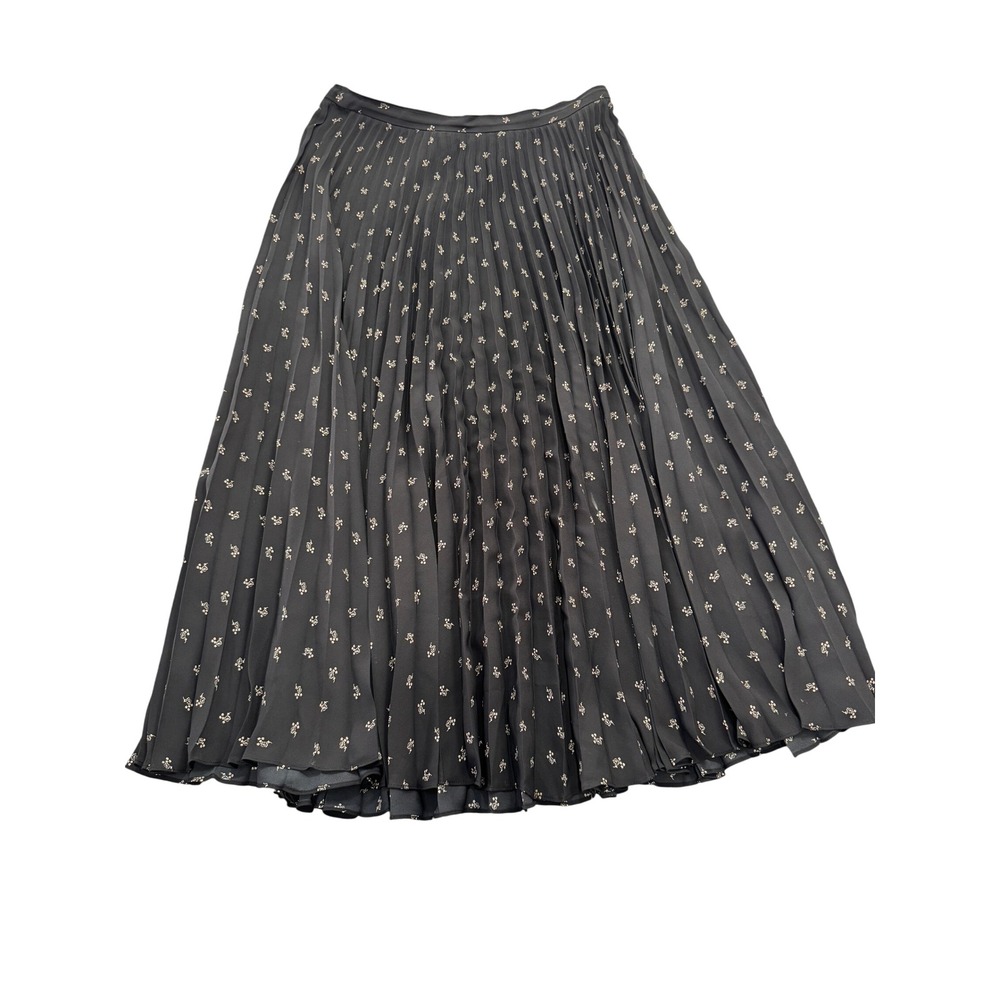 Vince Womens Black Floral Pleated Midi Skirt Size 4 Accordion A-Line Side Zip
